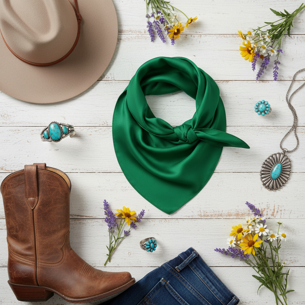 Flat lay of green wild rag scarf 35x35 inches with cowboy hat, leather boots, turquoise jewelry and western accessories