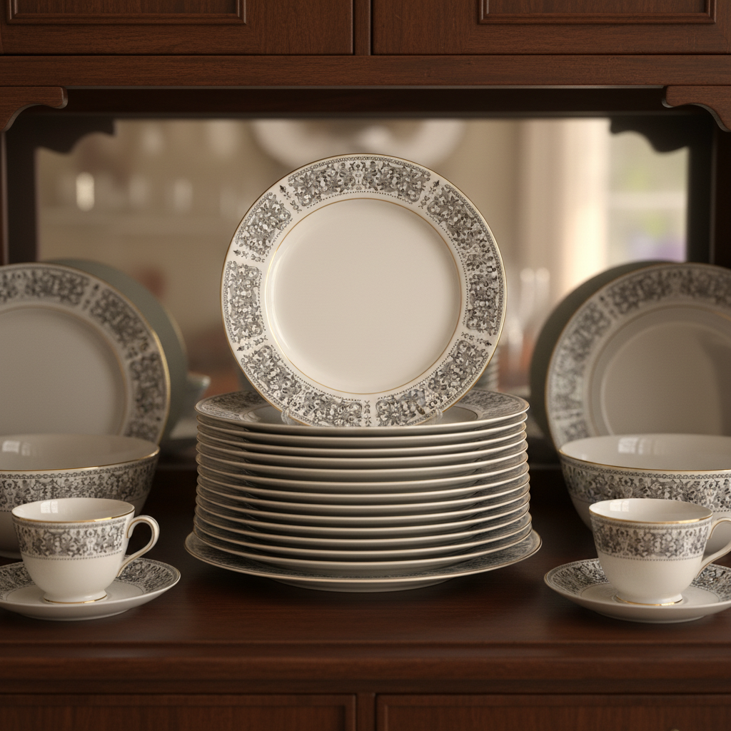Vintage Royal Wentworth fine china dinner plates with black floral border stacked elegantly on dining room hutch display