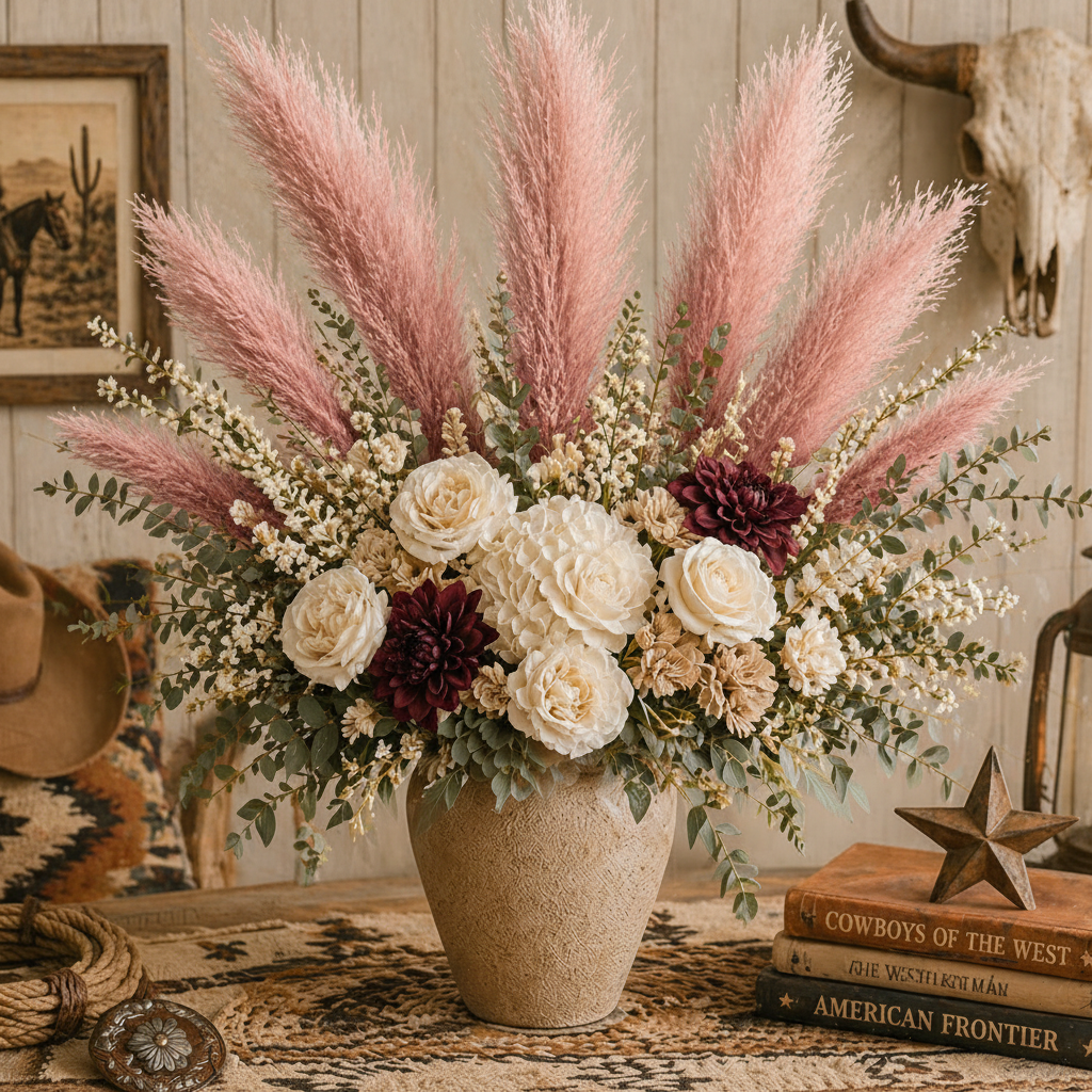 Rose pink mauve faux pampas grass 3 stem bundle in dramatic western vase arrangement with burgundy dahlias, dusty mauve roses and sage green eucalyptus with cowboy hat and rope