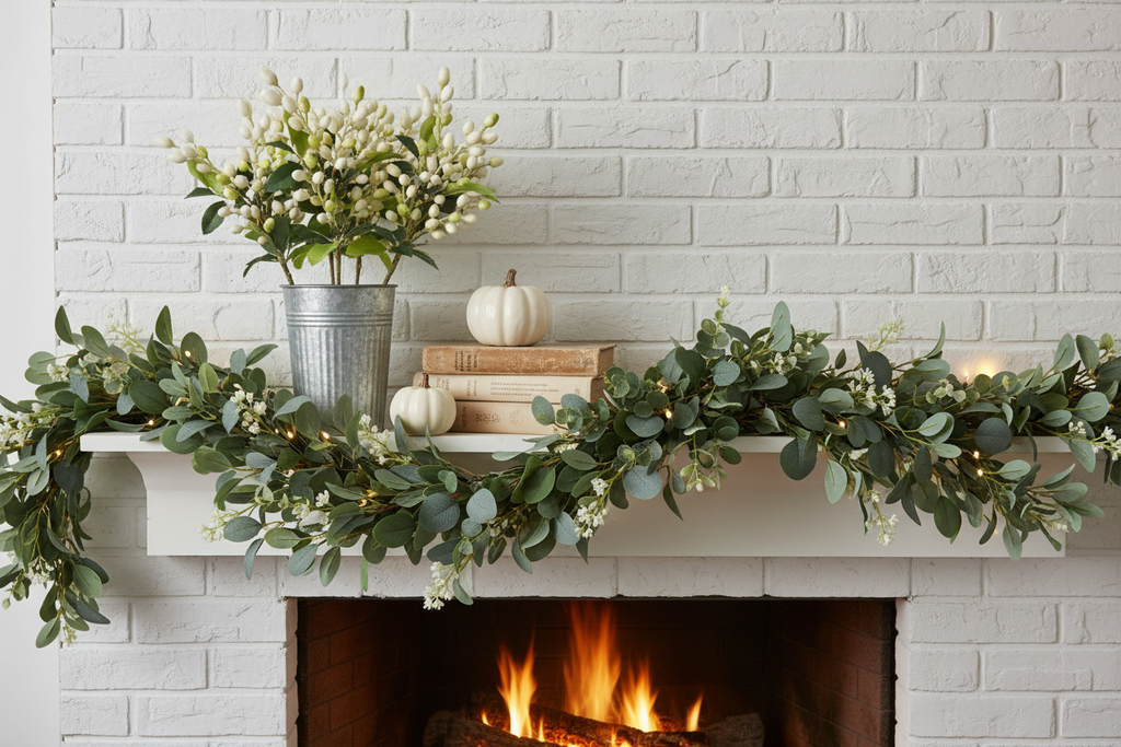 Farmhouse mantel display with white berry stems in galvanized bucket alongside vintage books and greenery