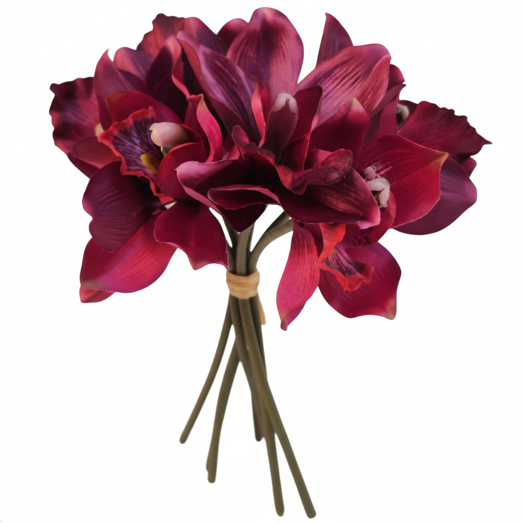Mulberry pink Cymbidium orchid artificial flowers 7 stem bunch on white background