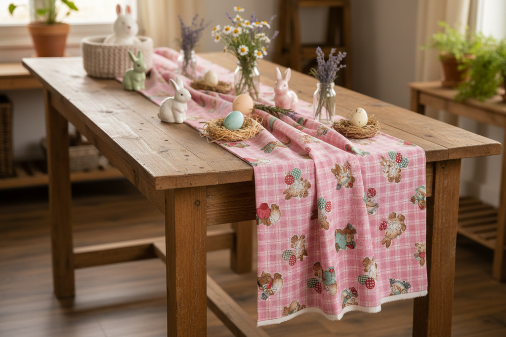 Cottagecore style table runner made from pink plaid bunny fabric on rustic wooden table, Easter home decor inspiration