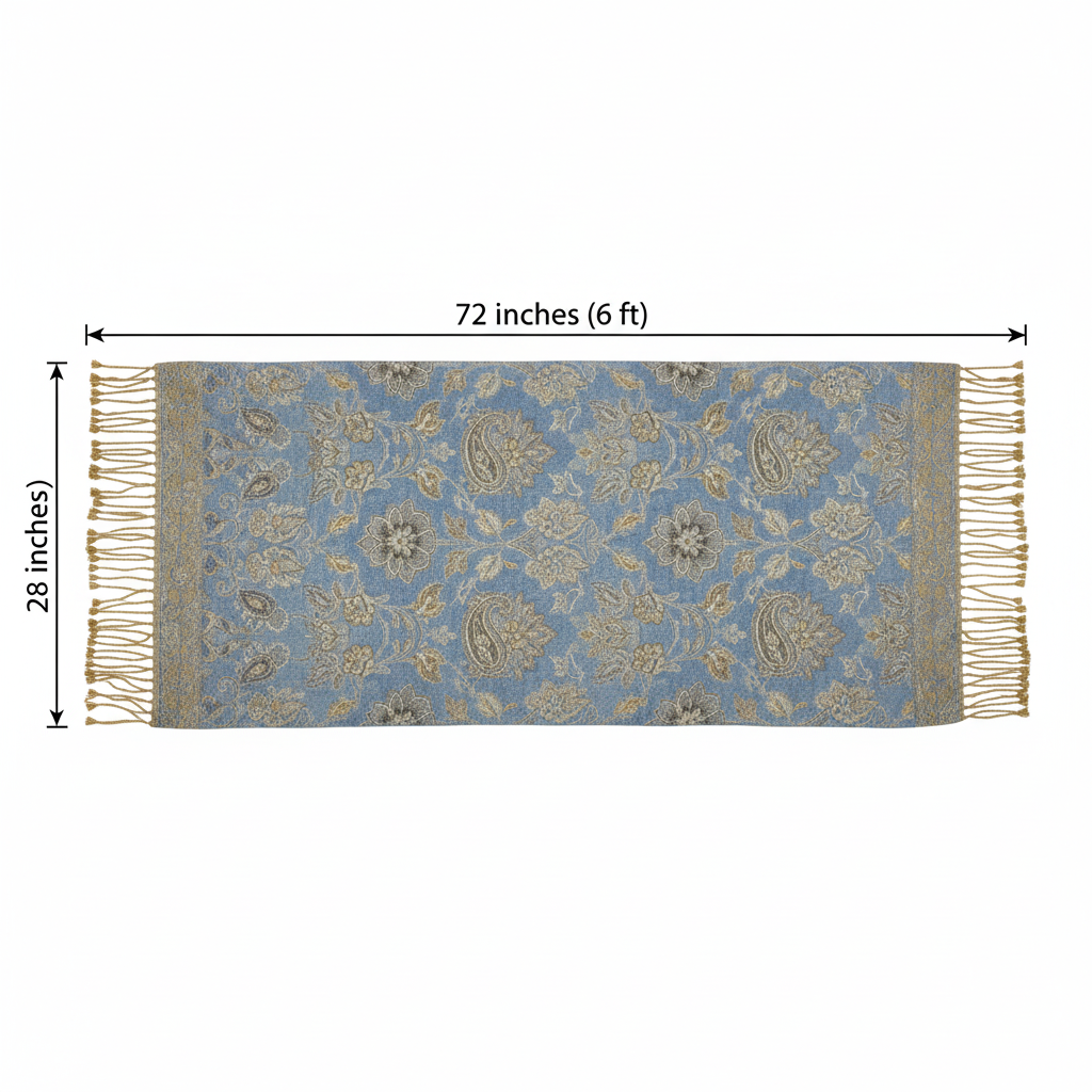 Denim blue gold paisley jacquard fringe scarf shawl measurement diagram showing 72 inch length and 28 inch width