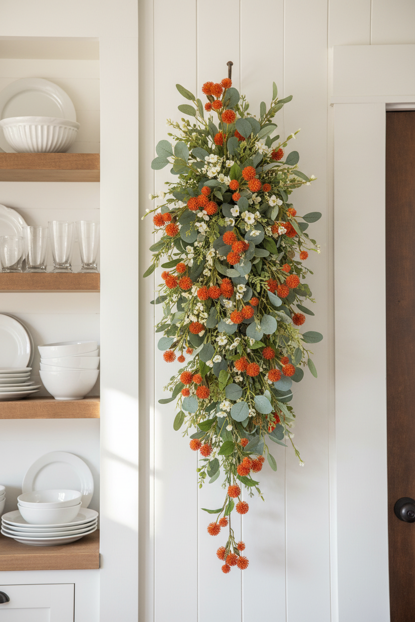 Artificial orange pom pom thistle stem vertical swag hung on white shiplap wall in a farmhouse kitchen with open shelving and warm natural light