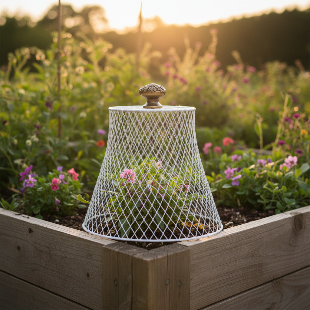 White wire mesh basket flipped upside down as a DIY garden cloche protecting seedlings in a cottage garden