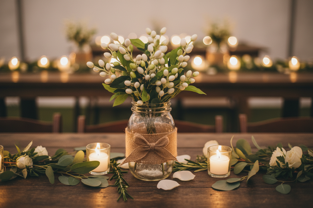 Rustic wedding centerpiece with white artificial berry stems in mason jar with burlap ribbon on wooden table