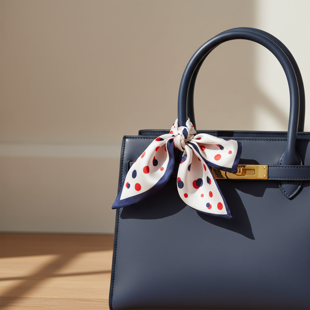 Patriotic polka dot satin scarf tied on handbag handle as festive Americana bag charm