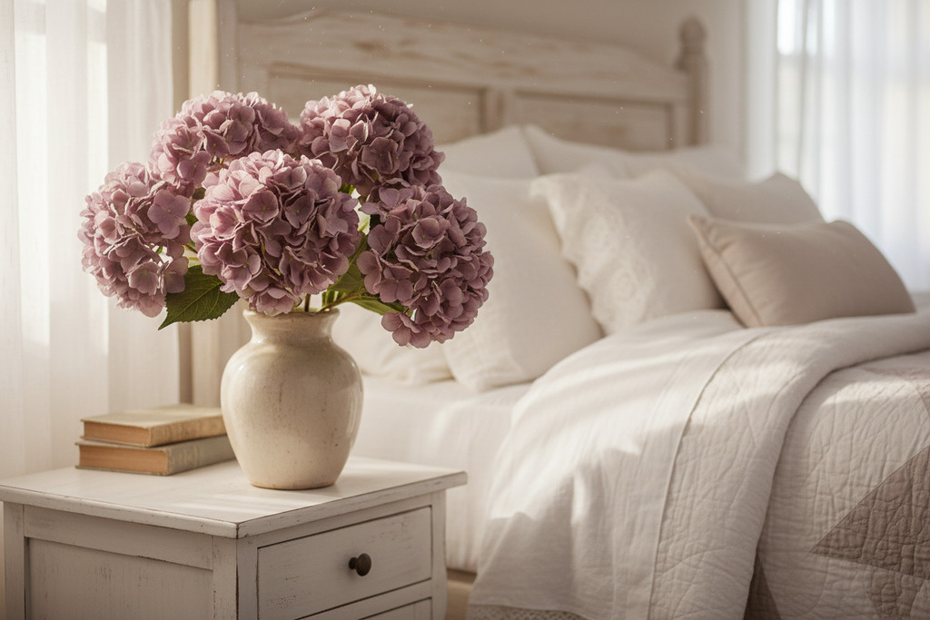 Bedroom nightstand with lavender purple hydrangea arrangement in soft morning light, romantic cottage decor