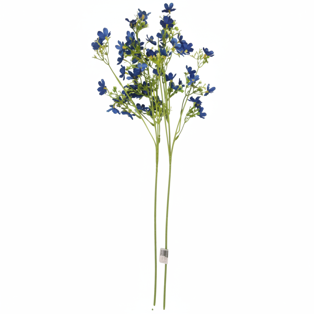 2 artificial cobalt blue dogwood stems with rich blue blossoms and green foliage on pure white background, 24 inch faux wax flower set