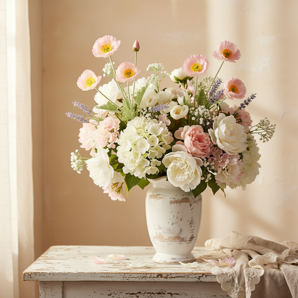Faux blush pink poppy stems in a white distressed ceramic vase with white hydrangeas, lavender sprigs, and peonies in a shabby chic romantic setting