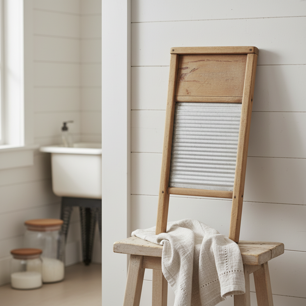 Vintage Victory No. 508 glass and wood washboard leaning against rustic white shiplap wall in farmhouse laundry room with linen towel, 1940s Americana decor