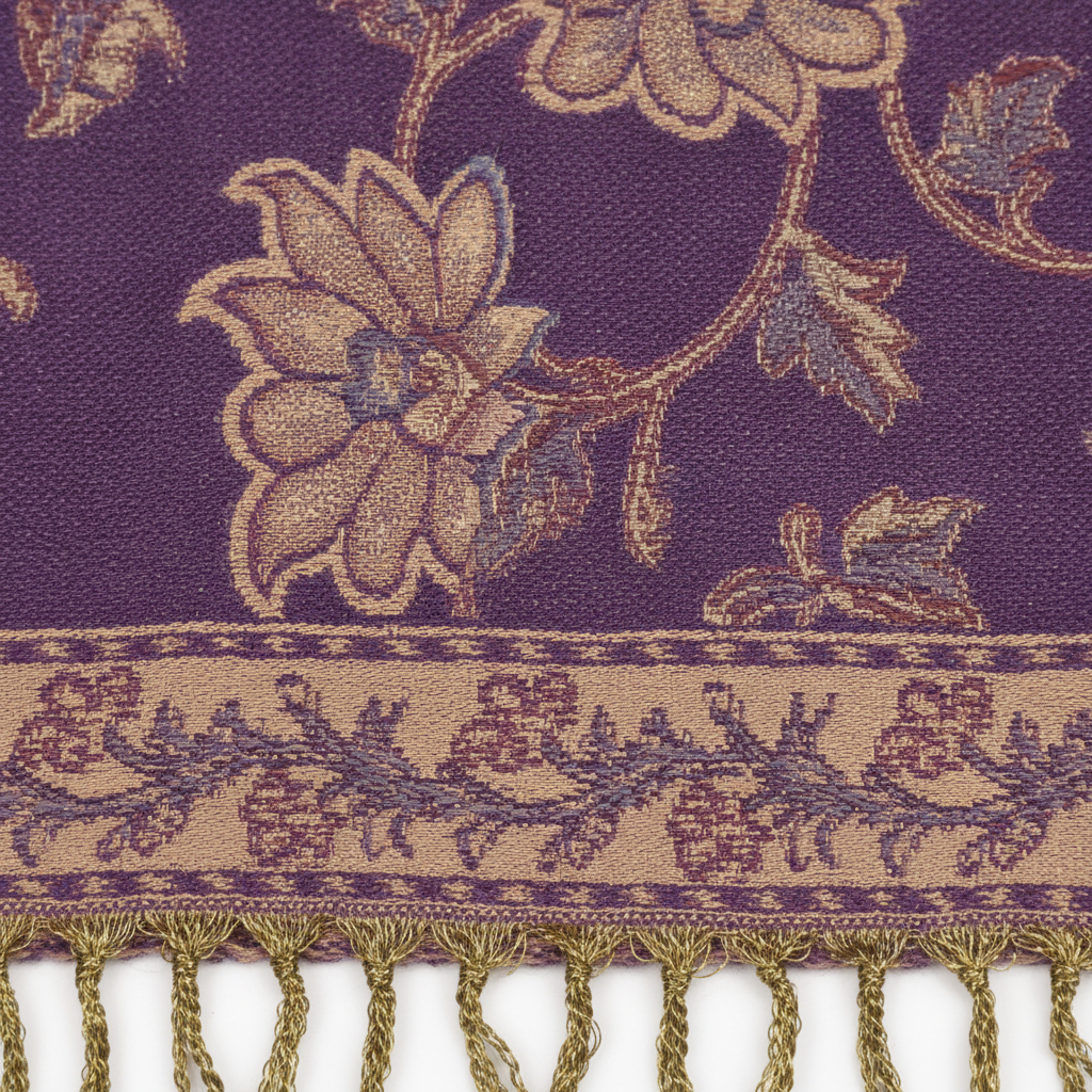 Close-up of purple gold paisley jacquard woven fabric texture with gold fringe tassels detail