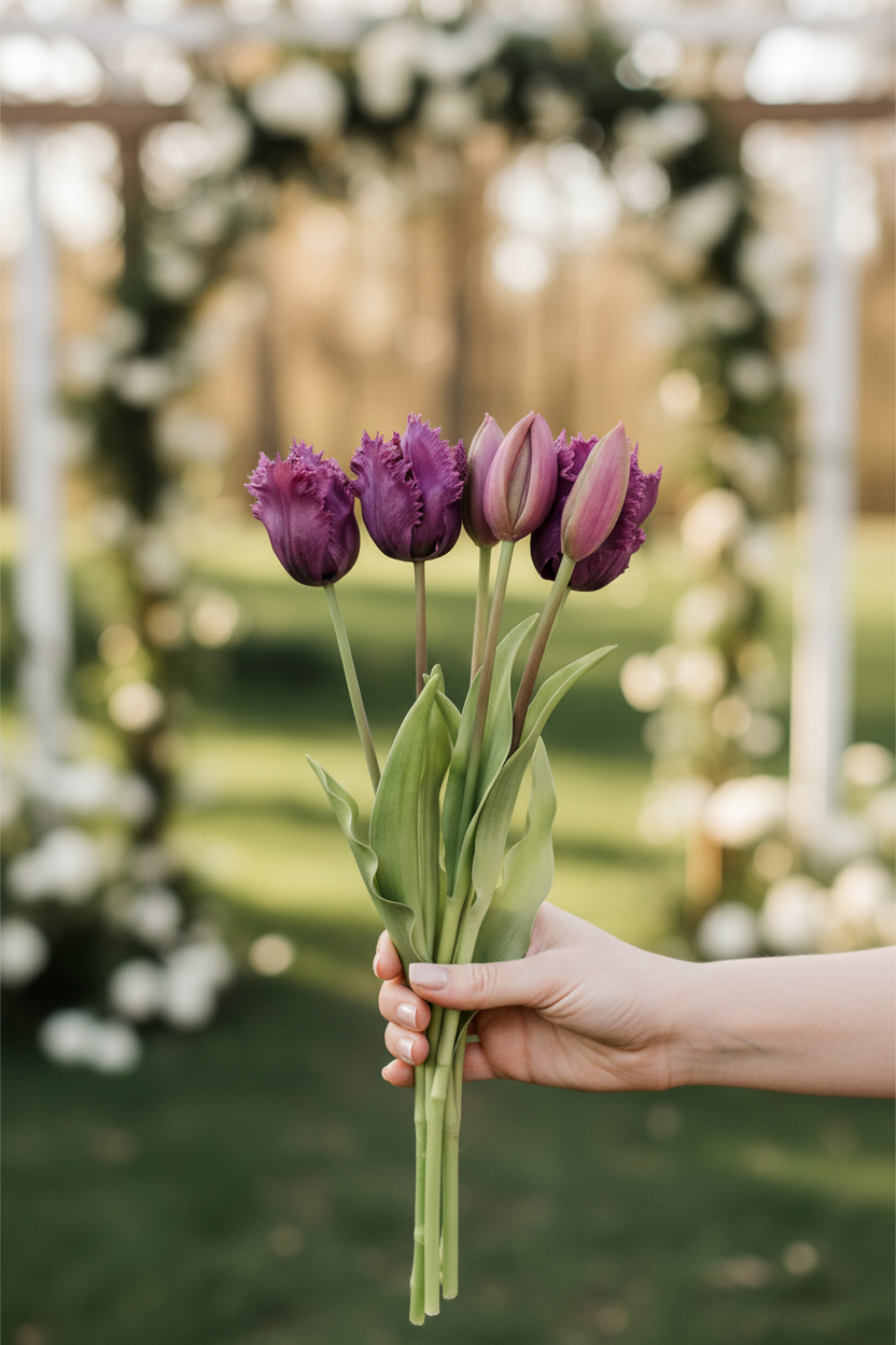 Hand holding 5 plum purple tulip stems - elegant wedding bouquet