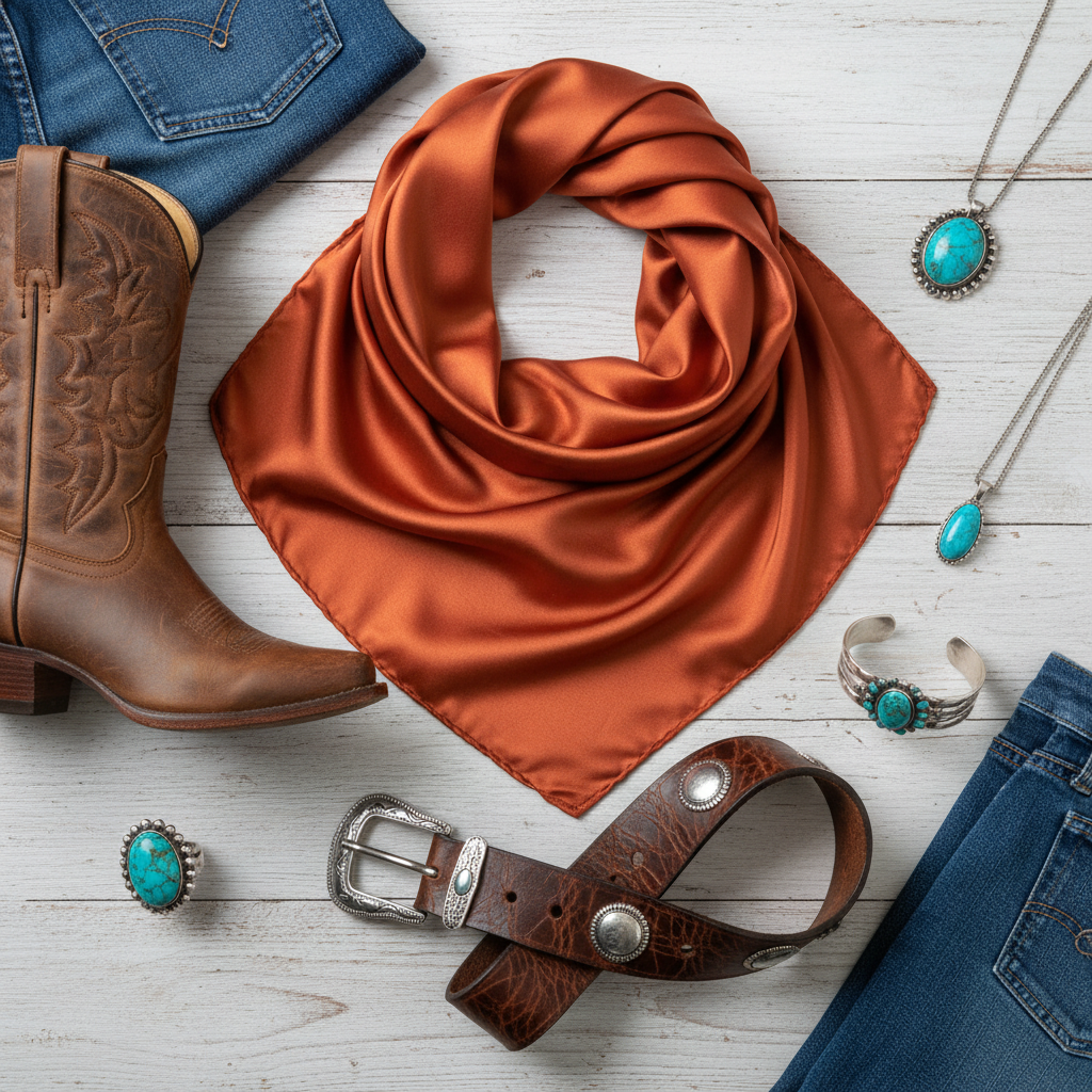 Flat lay of rust wild rag scarf with western accessories including cowboy boots, leather belt, and turquoise jewelry