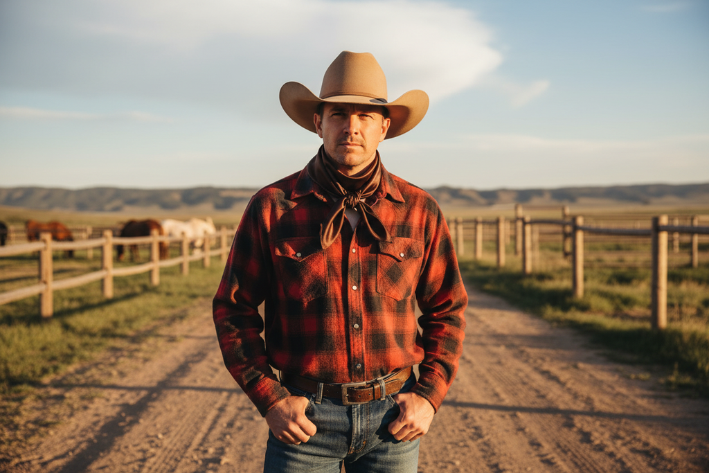 Chocolate brown wild rag worn by cowboy at ranch with plaid western shirt and cowboy hat