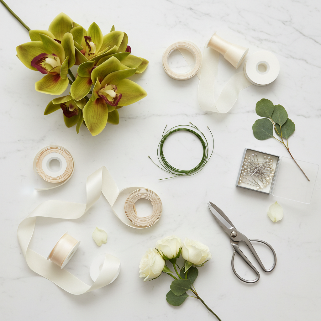 DIY wedding floral supplies flat lay with green orchid stems, ribbon, and crafting tools