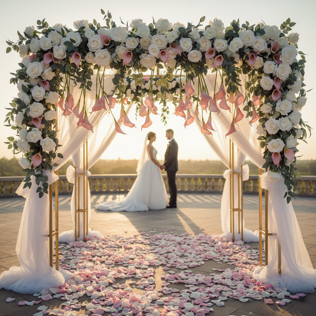 Breathtaking elegant wedding arch with cascading pink calla lilies, white foam roses, and eucalyptus garlands on gold frame with golden hour lighting and sheer draping