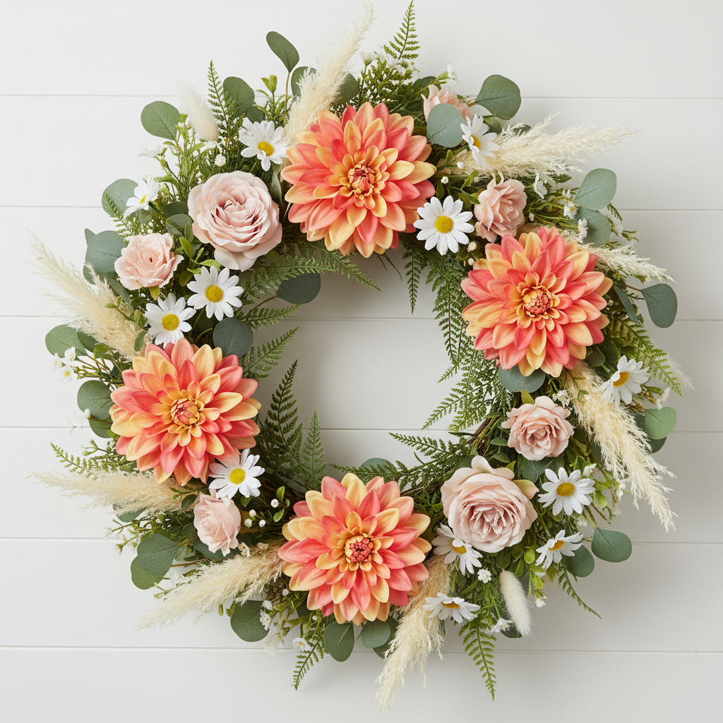 Round farmhouse wreath featuring coral and yellow dahlia blooms with white daisies and pampas grass on shiplap wall