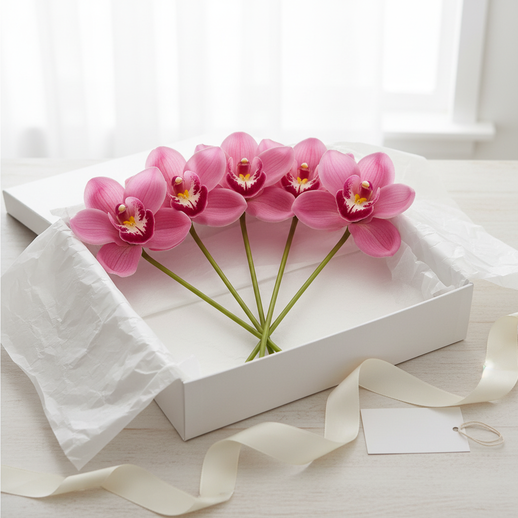 Set of 5 deep hot pink Cymbidium orchid stems laid in an open white gift box with white tissue paper, satin ribbon, and gift tag on a light wood surface