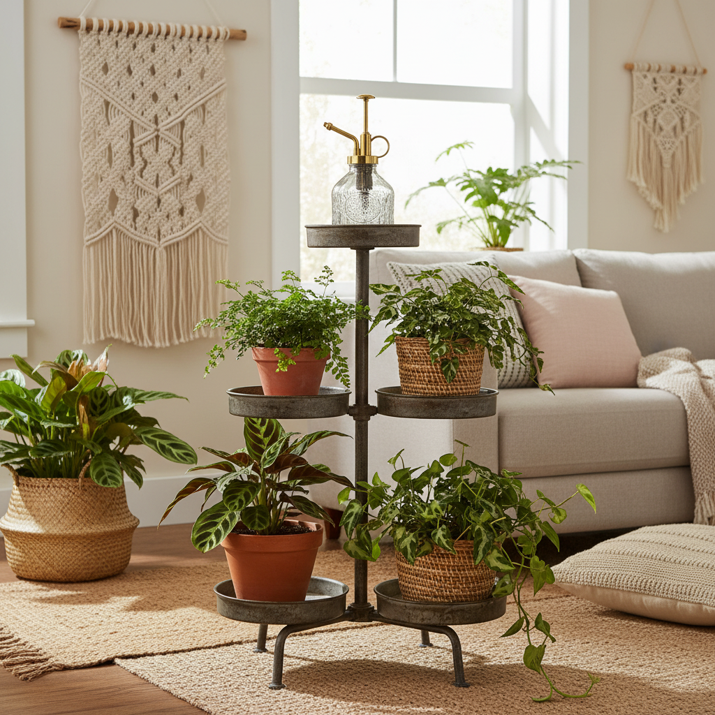 Smoke gray glass plant mister on tiered metal plant stand with ferns, prayer plants, and philodendrons in bohemian living room with macrame