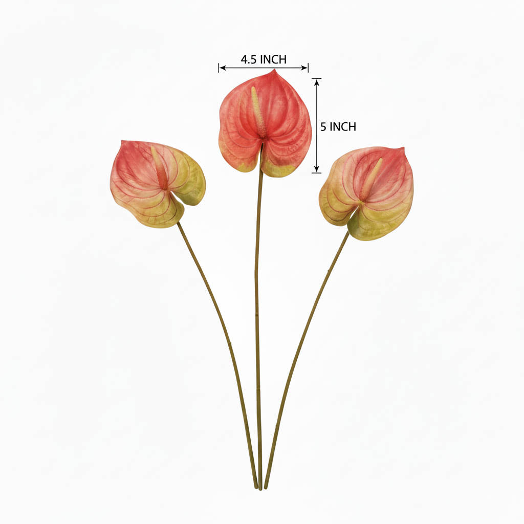 Measurement diagram of 23 inch artificial Anthurium stems showing 4.5 x 5 inch bloom dimensions with size specifications