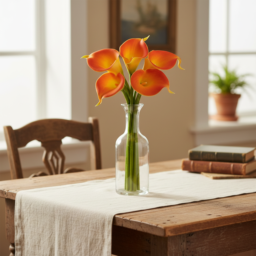 Orange calla lily faux flower bundle in glass vase on rustic farmhouse dining table with linen tablecloth cottage interior decor