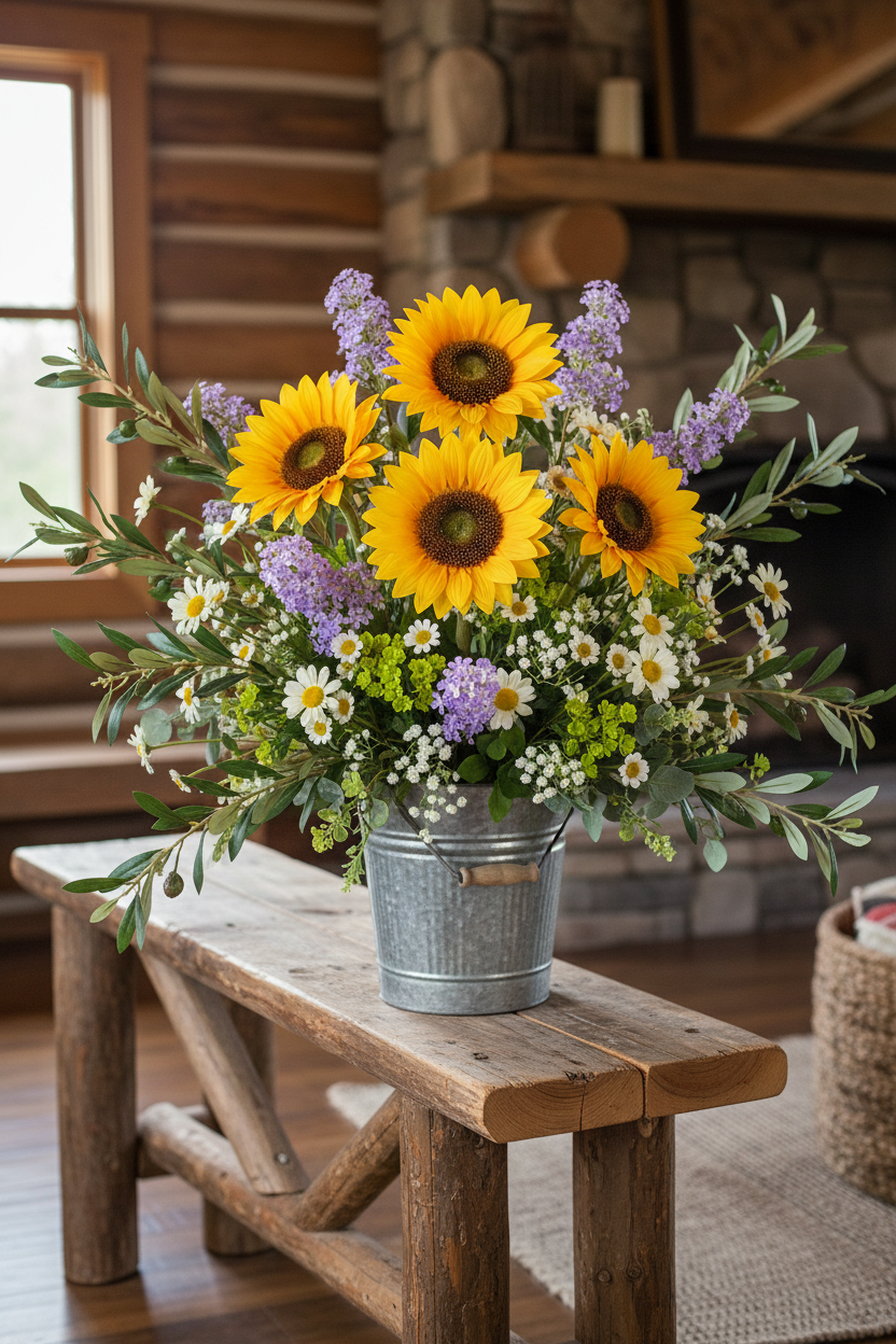 Artificial purple lilac stems arranged with yellow sunflowers and white daisies in galvanized metal bucket on rustic log cabin bench, country farmhouse decor