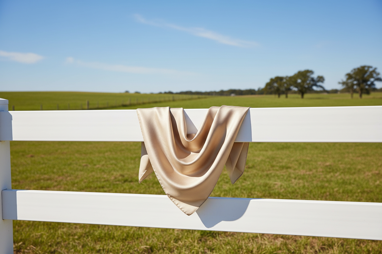 Champagne wild rag draped on white fence with green grass and blue sky