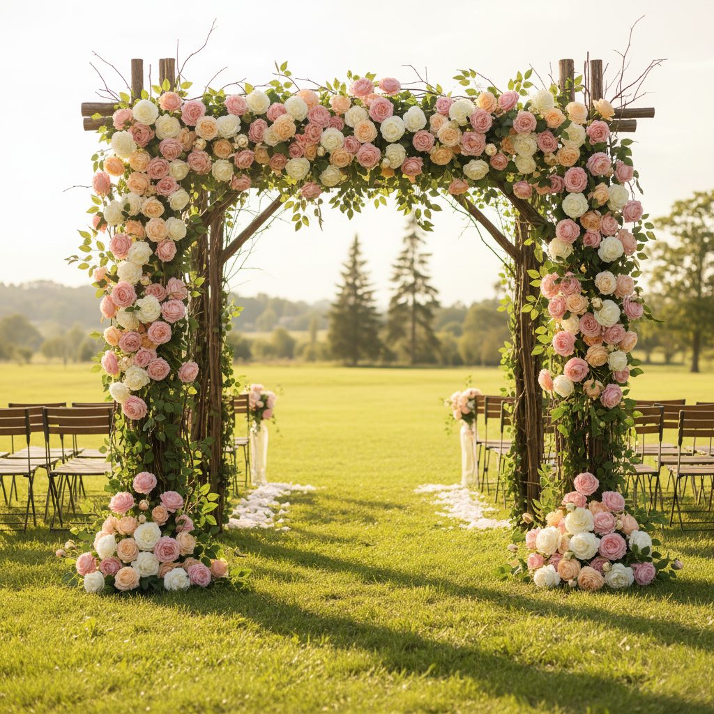 Wedding arch decorated with white pink and peach artificial roses, elegant outdoor ceremony setting