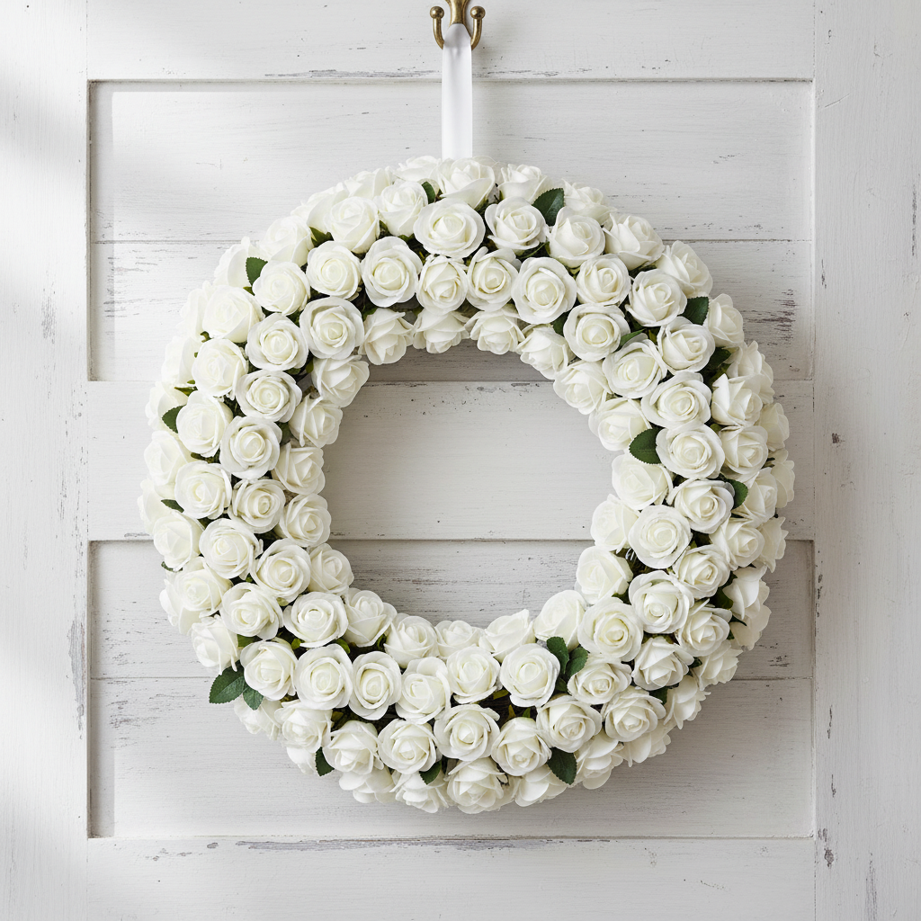 White artificial foam roses arranged into a beautiful wreath displayed on a rustic white wooden door