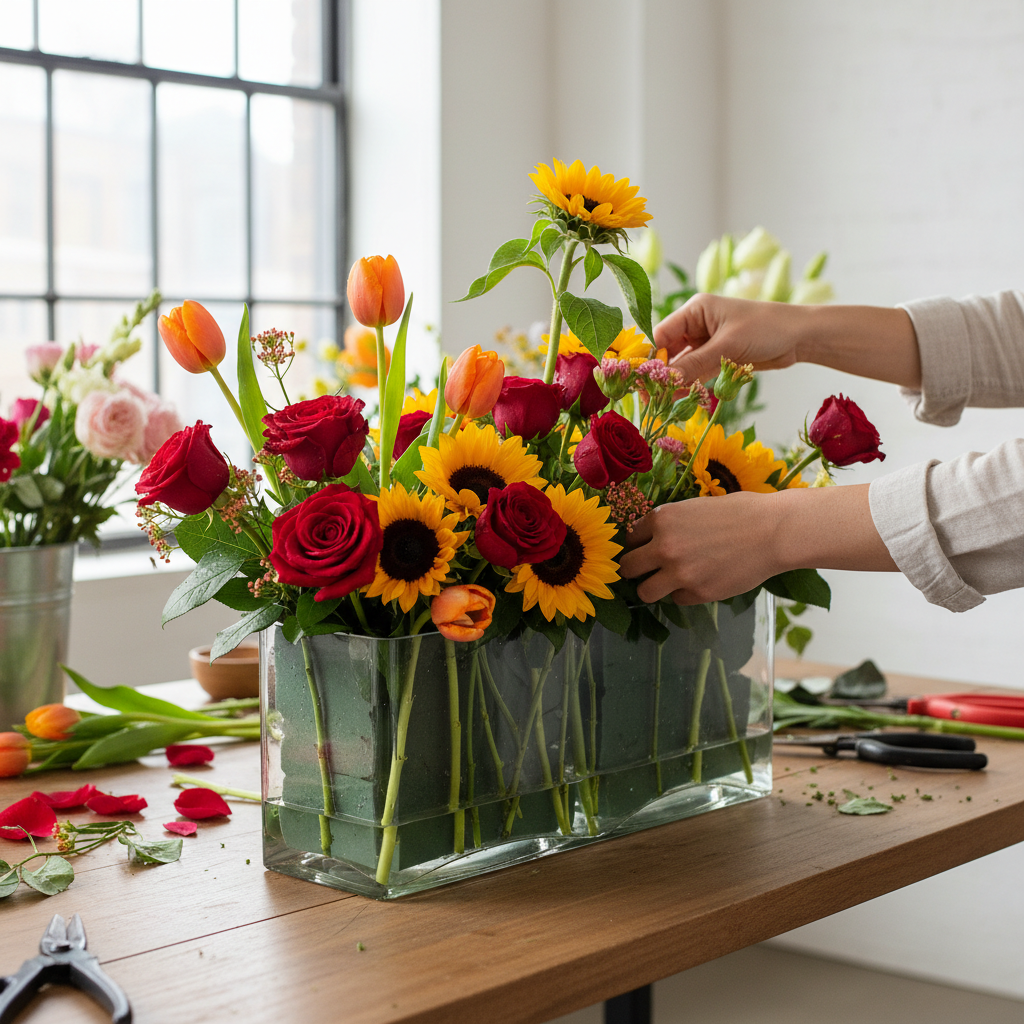 Florist arranging fresh red roses, orange tulips and sunflowers into two wet floral foam blocks in a vase on a bright work table