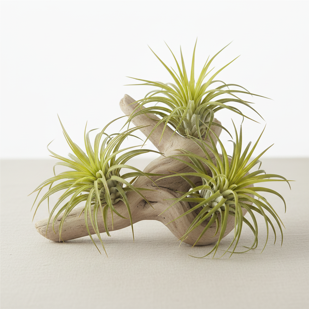 3 artificial tillandsia air plants with spiky green leaves displayed on natural driftwood for coastal boho home decor