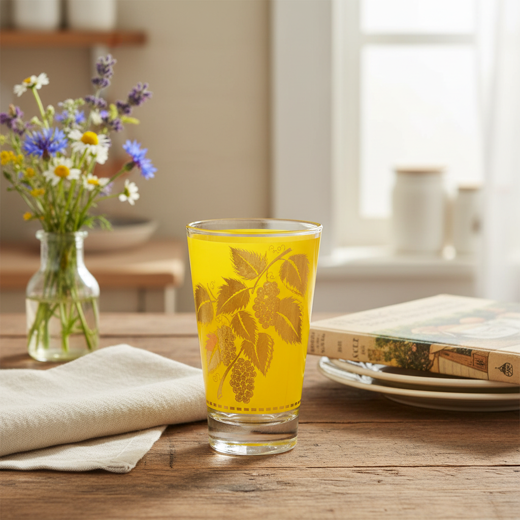 Vintage Libbey yellow gold grape leaf glass on farmhouse kitchen table with wildflowers and linen napkin, cottage aesthetic barware