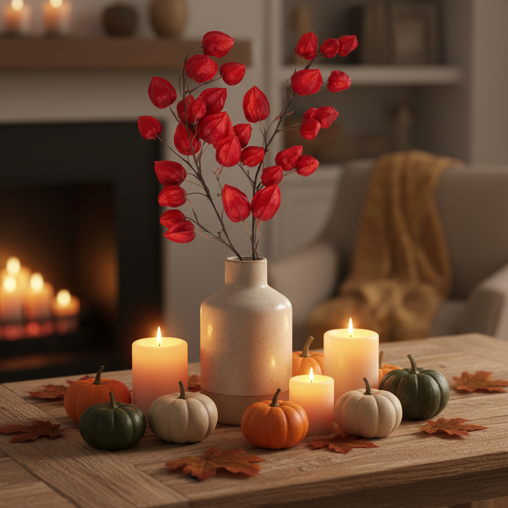 Red burgundy Chinese lantern stems in tall ceramic vase with fall pumpkins and candles on rustic farmhouse table