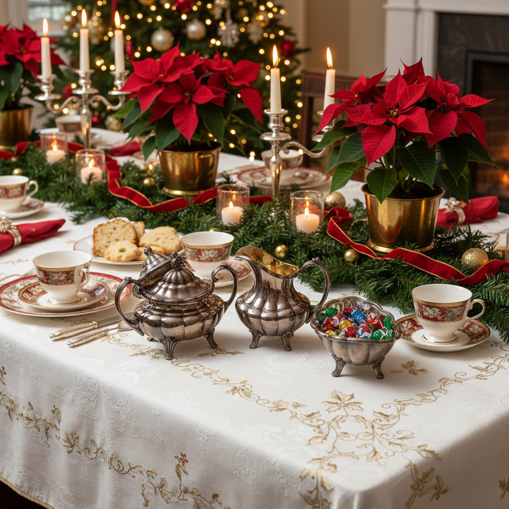 Holiday tea party table setting with vintage Reed & Barton silver set, sugar bowl and creamer in use, festive Christmas decor