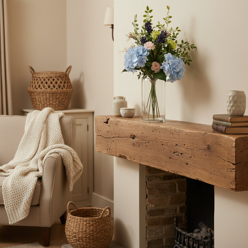 Hand tied blue hydrangea green rose artificial bouquet in clear glass vase on rustic wooden mantel in cozy cottage living room