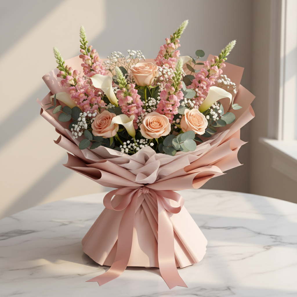 Pink and white snapdragon stems in Mother's Day bouquet with peach roses and calla lilies