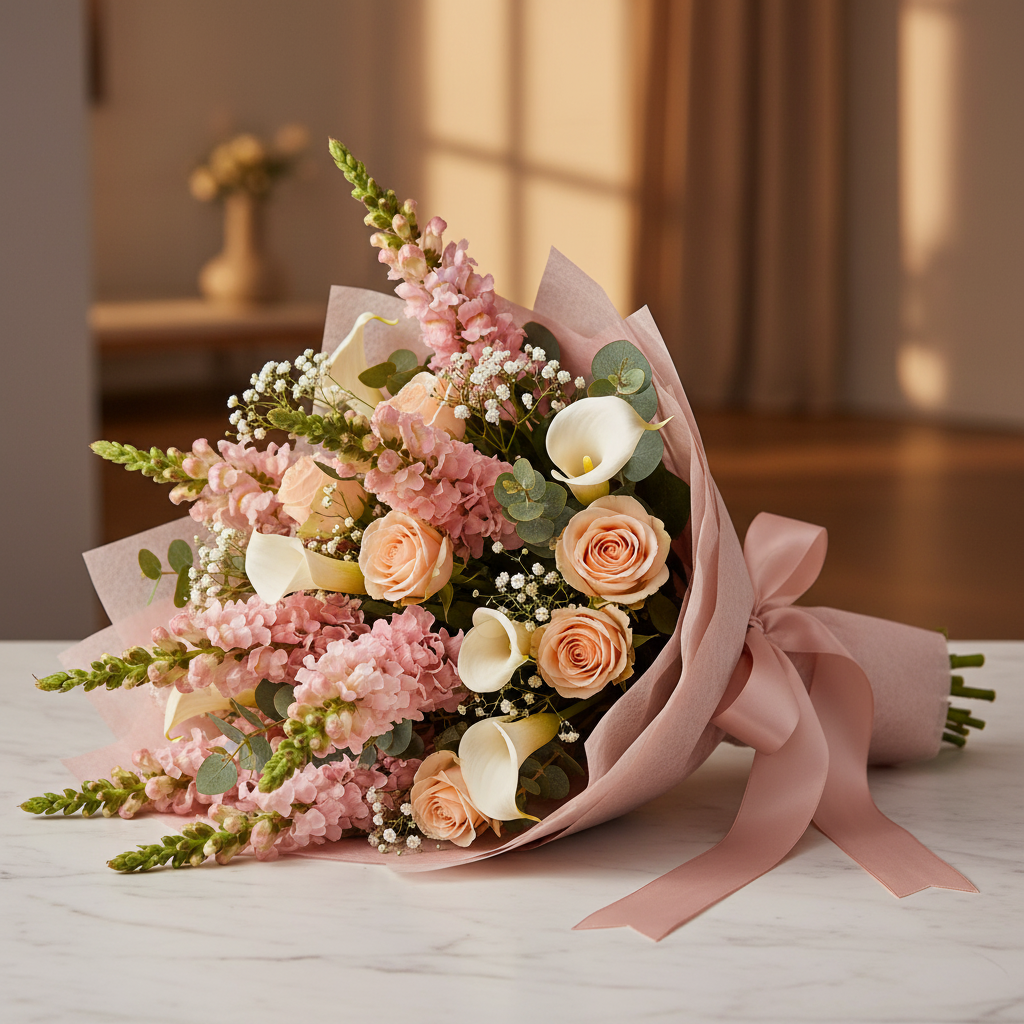 Blush pink snapdragon stems in Mother's Day bouquet with peach roses and white calla lilies