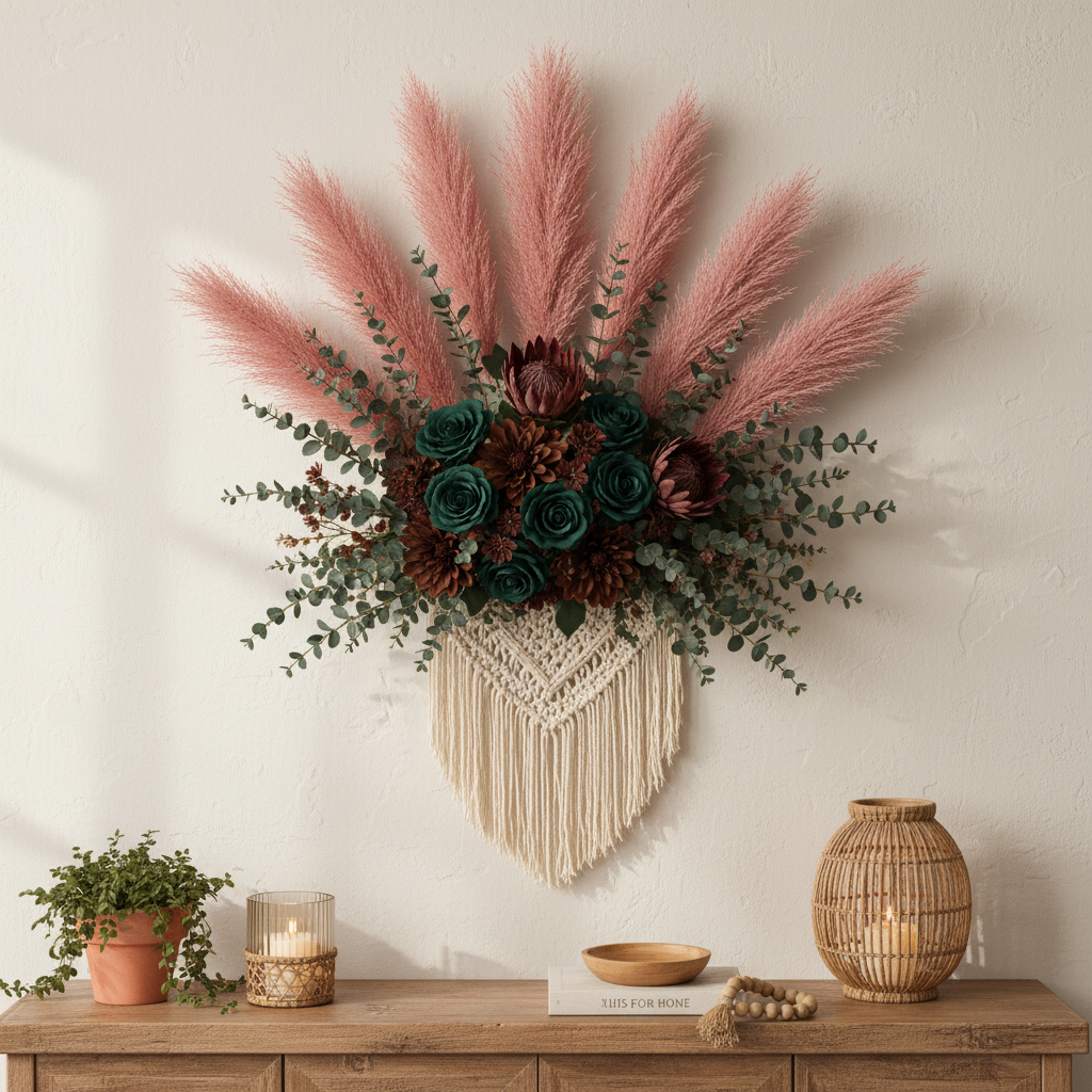 Rose pink mauve faux pampas grass 3 stem bundle in boho macrame wall hanging with emerald green roses, deep burgundy protea, chocolate dahlias and forest green eucalyptus