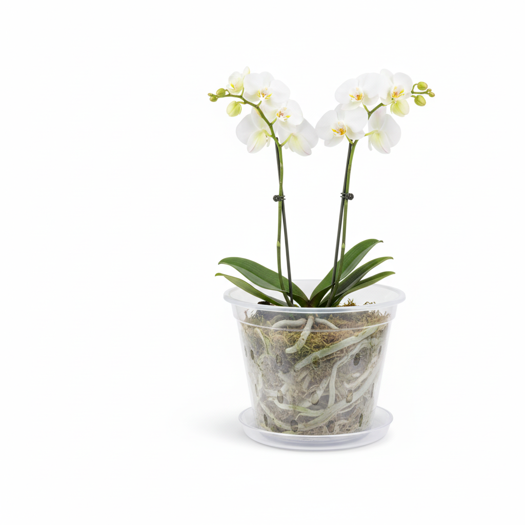 Healthy orchid roots visible through clear transparent plastic pot
