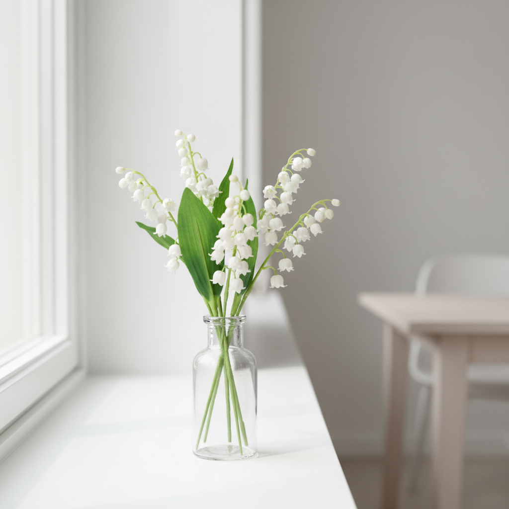 Faux lily of the valley stems in small clear glass vase on bright windowsill minimalist home decor