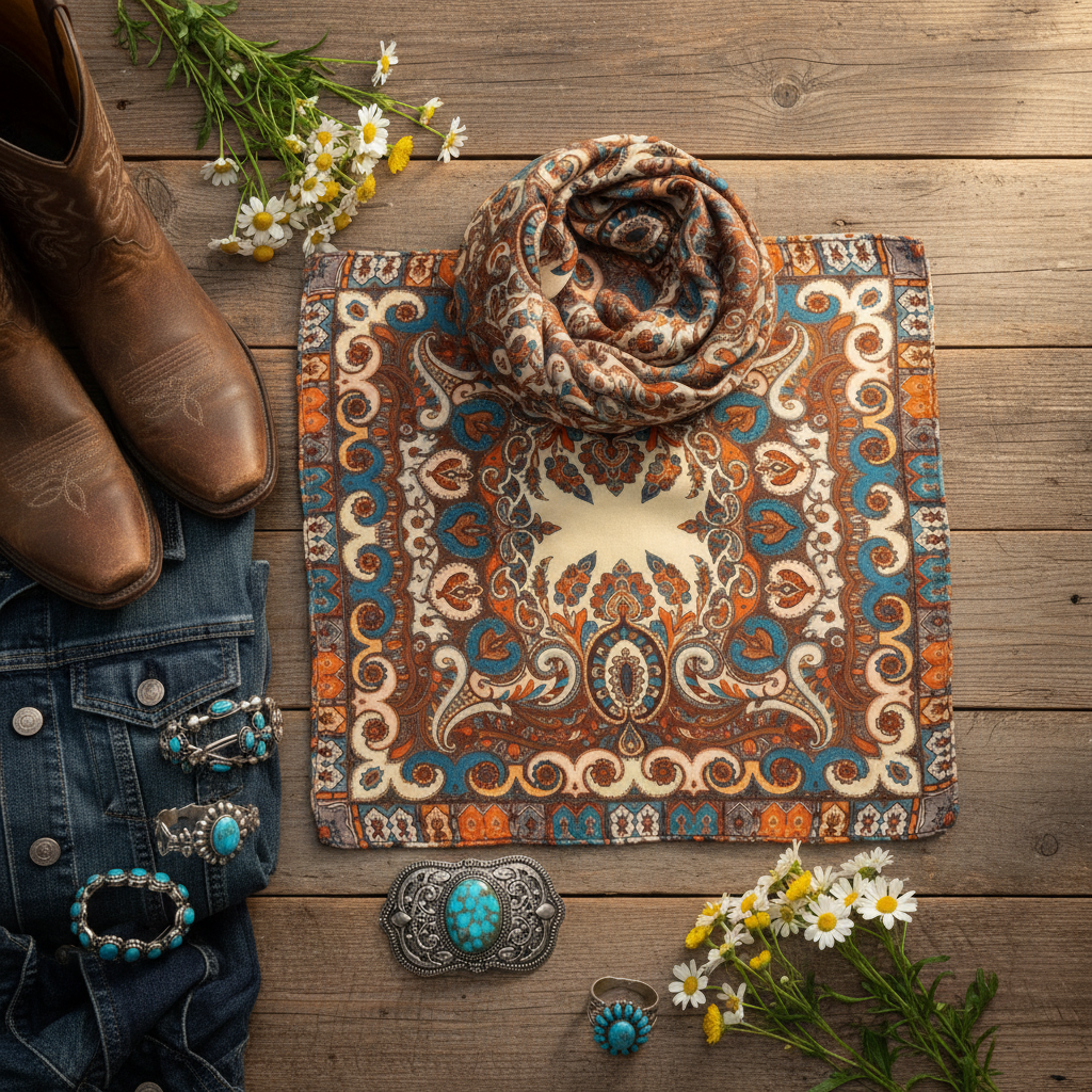 Flat lay of wild rag scarf with cowboy boots turquoise jewelry and western accessories