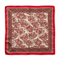 Red paisley satin square scarf flat lay top-down view fully unfolded 23x23 inches pure white studio background