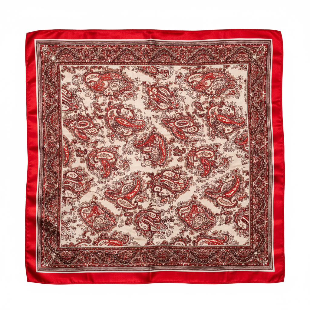 Red paisley satin square scarf flat lay top-down view fully unfolded 23x23 inches pure white studio background