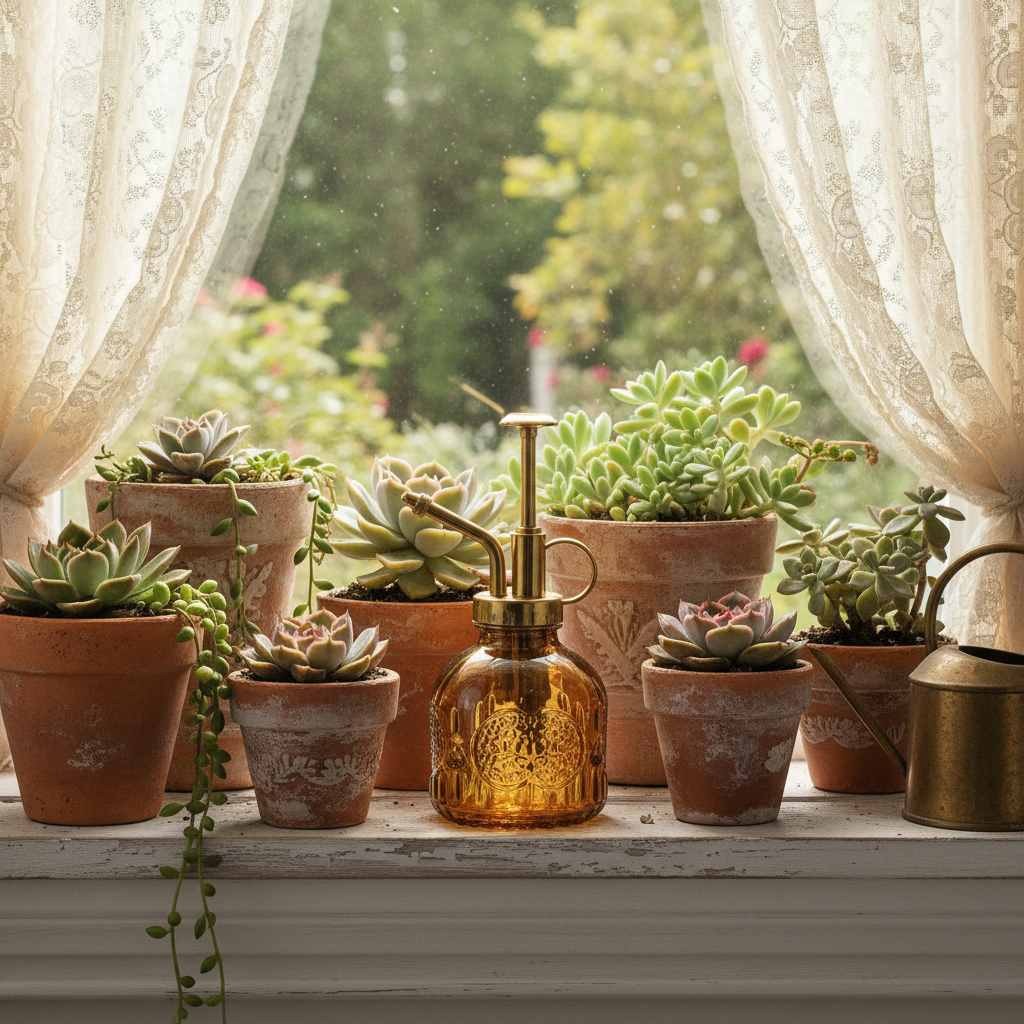 Amber glass plant mister on cottagecore windowsill with succulents, terracotta pots, and lace curtains