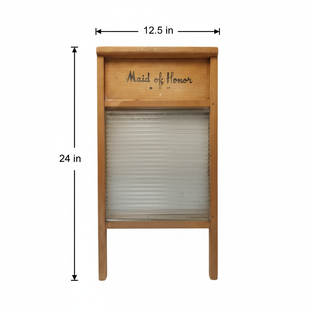 Vintage Maid of Honor wooden washboard measurement diagram showing 24 inches tall by 12.5 inches wide, wood frame with embossed glass surface
