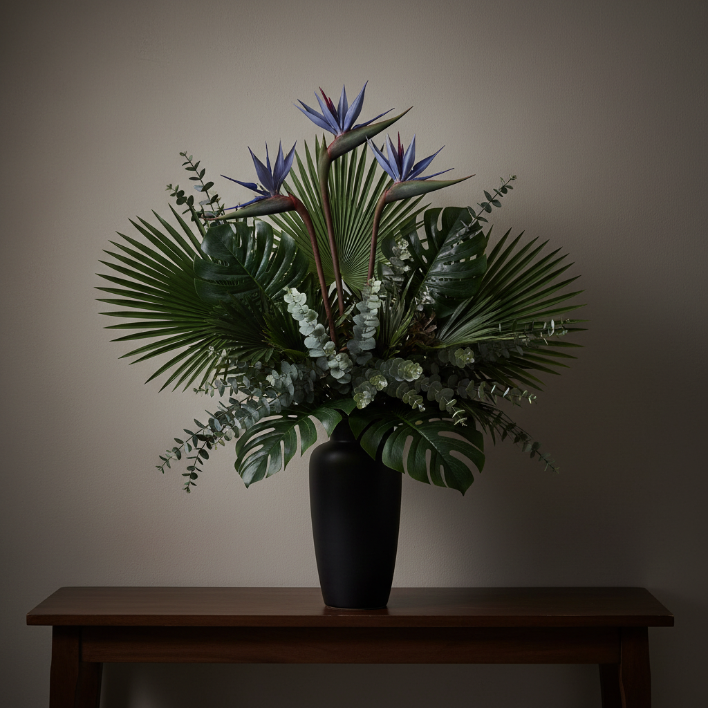 Moody blue purple Bird of Paradise artificial stems with dark tropical palm leaves in tall black ceramic vase on dark wood console table