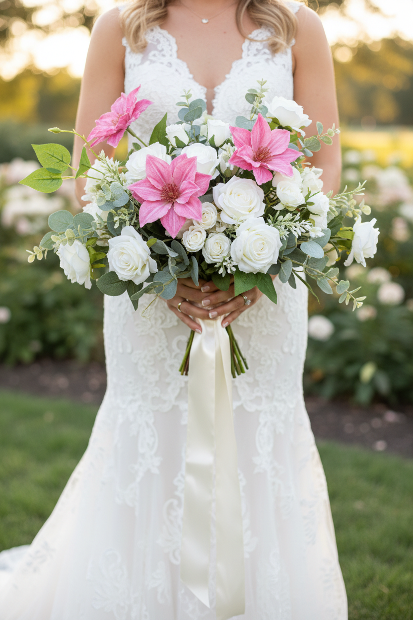 Soft pink clematis artificial flower stem in a bridal bouquet with white roses and eucalyptus greenery held by a bride in a romantic garden wedding setting