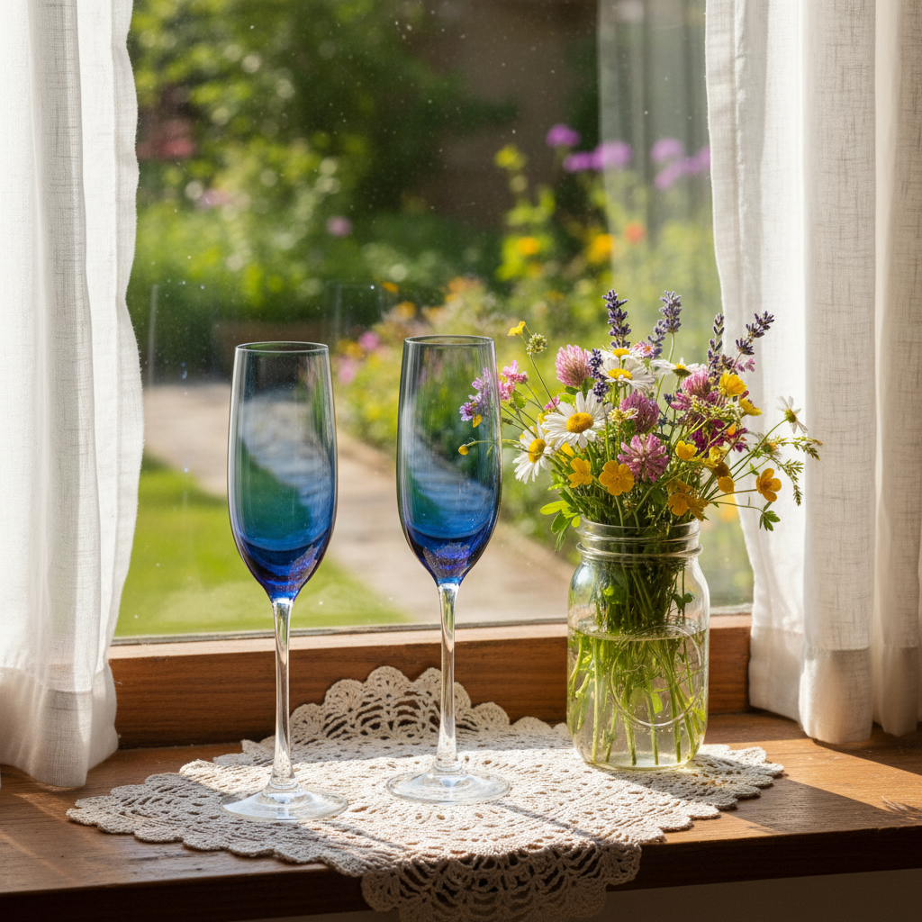 Vintage Libbey Vina blue ombre champagne flutes on a cottage kitchen windowsill with wildflowers and warm sunlight
