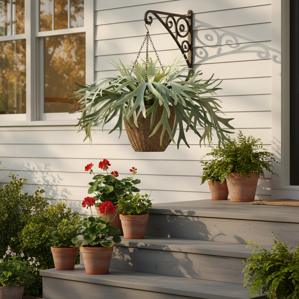 Large artificial staghorn fern 32 inches wide in woven hanging basket suspended high from iron wall bracket on front porch with white wood siding and warm sunlight